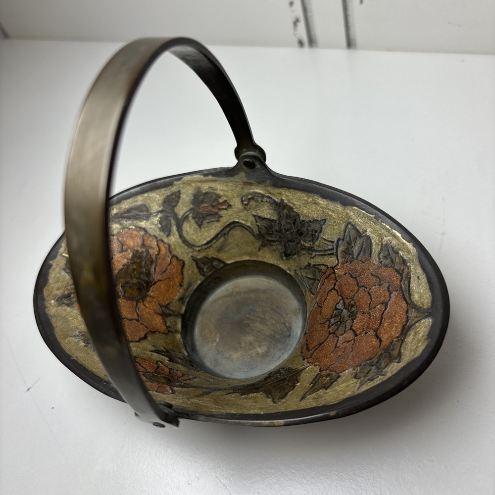 Solid Brass w/ Enameled Flowers Oval Basket Handle India Trinket Dish Votive